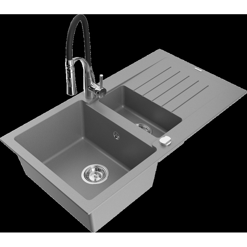 Mexen Matias 1.5-medencés gránit mosogató edényszárítóval és konyhai csapteleppel Aster, szürke - 6502-71-73450-07